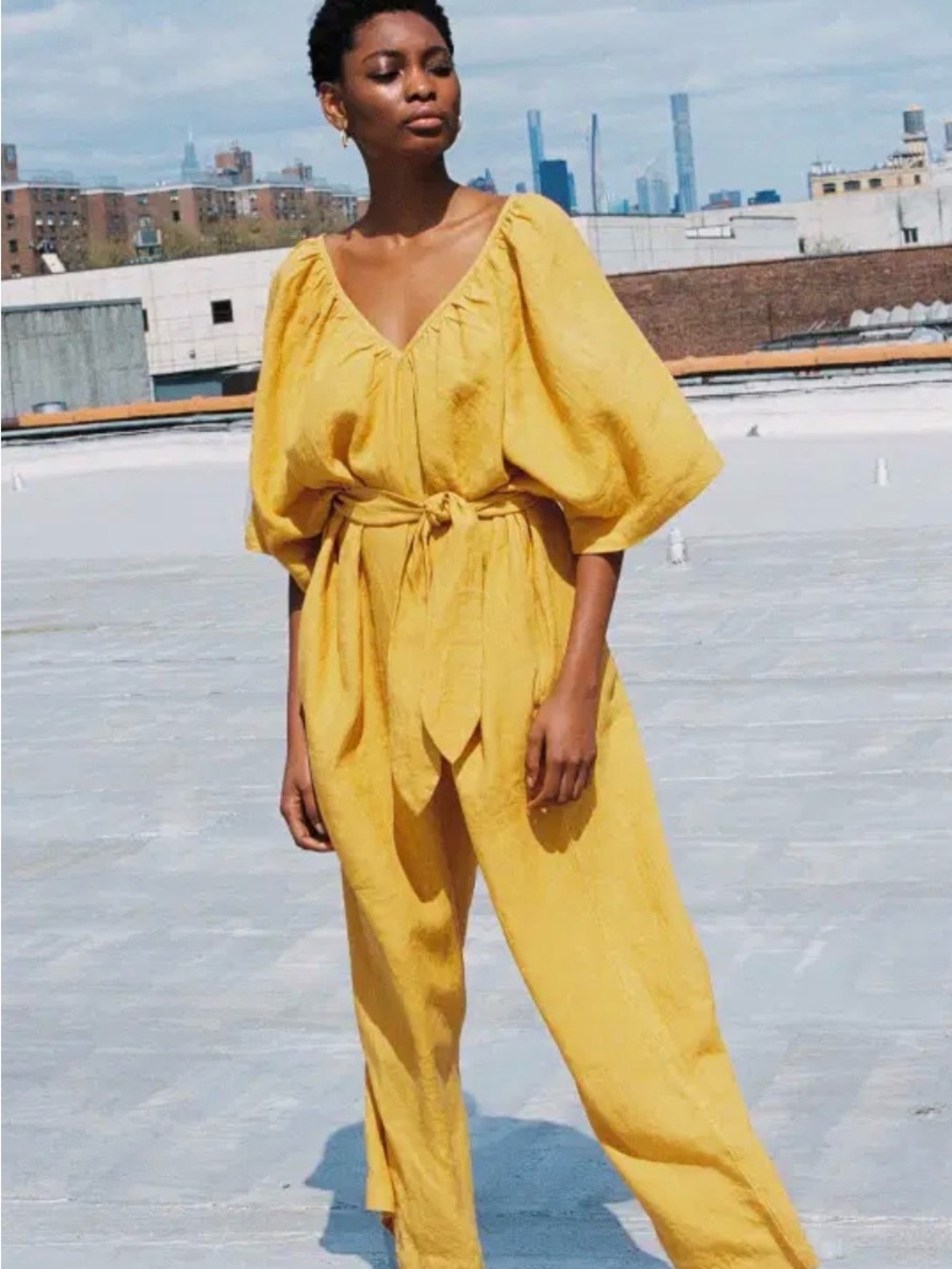 Women’s Yellow V-Neck Belted Linen Jumpsuit